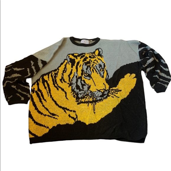 Unique Vintage Sweaters - Vintage Venezia Sportswear Heavy Knit Sweater Tiger 1 Size Fits Most Unisex